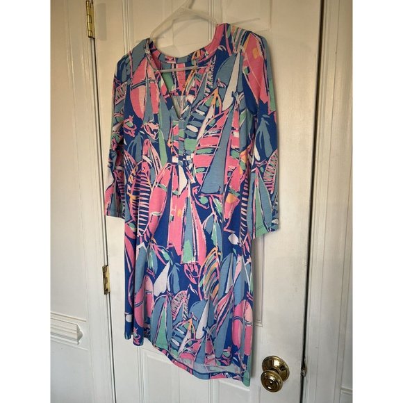 Lilly‎ Pulitzer Out To Sea Pink Blue Sailboat 3/4 Sleeve Dress Size XS - Picture 3 of 12